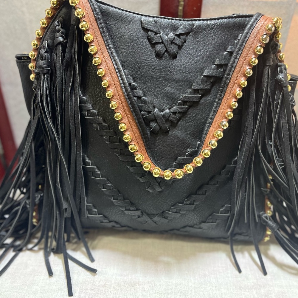 Big Buddha Black and Brown Fringed Shoulder Bag